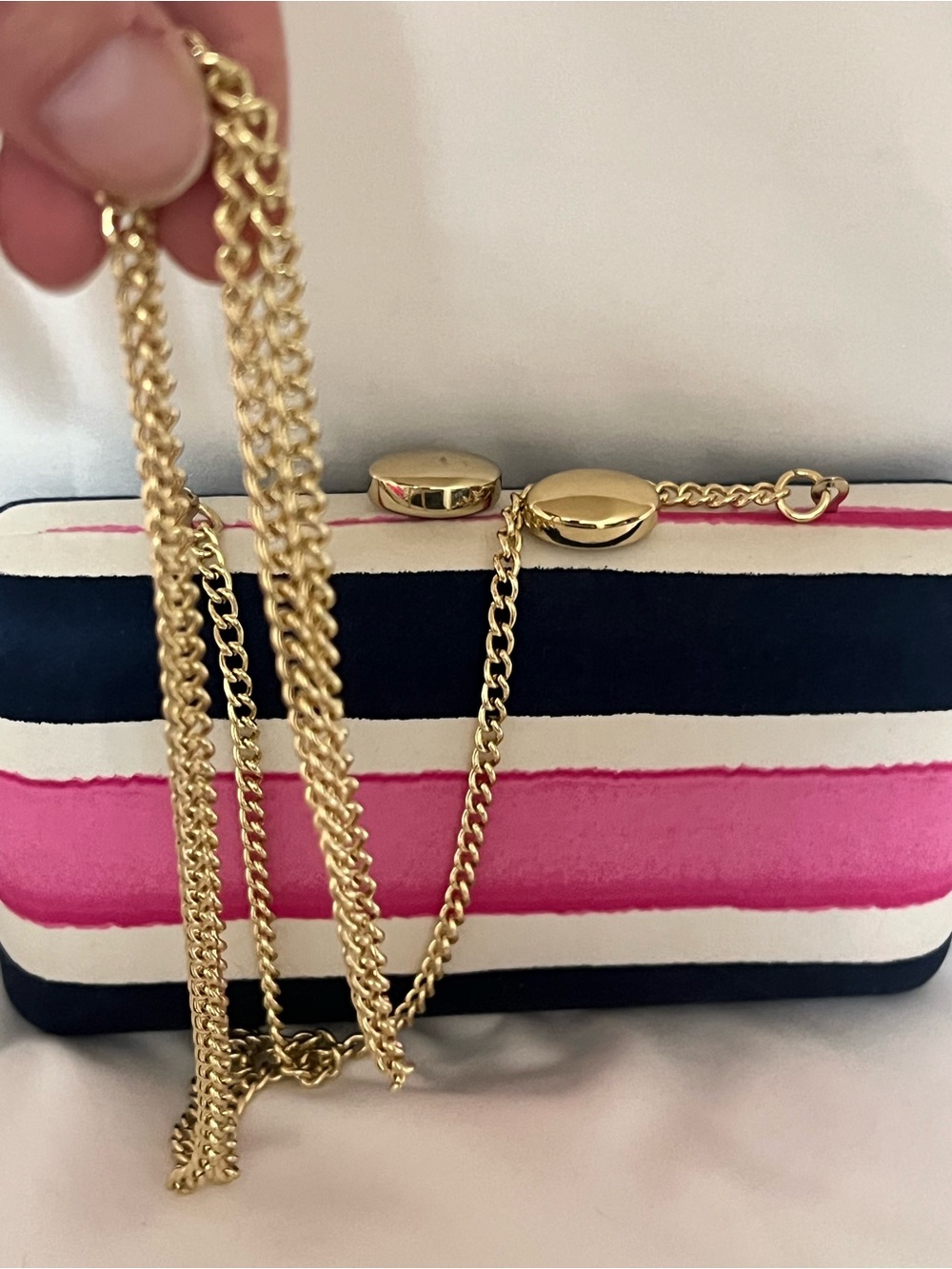 Talbots Striped Pink and Navy Chain Clutch -gold chain strap
Easy open
